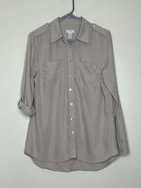 Chicos Roll Tab Button Up Shirt Size 2 Or US 12 Modal Khaki Color Solid Career